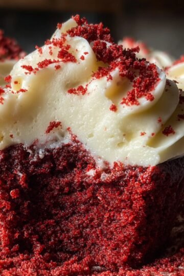 Easy Red Velvet Cupcakes Recipe 13 Red Velvet Cupcakes with cream cheese frosting and red crumbs on top.