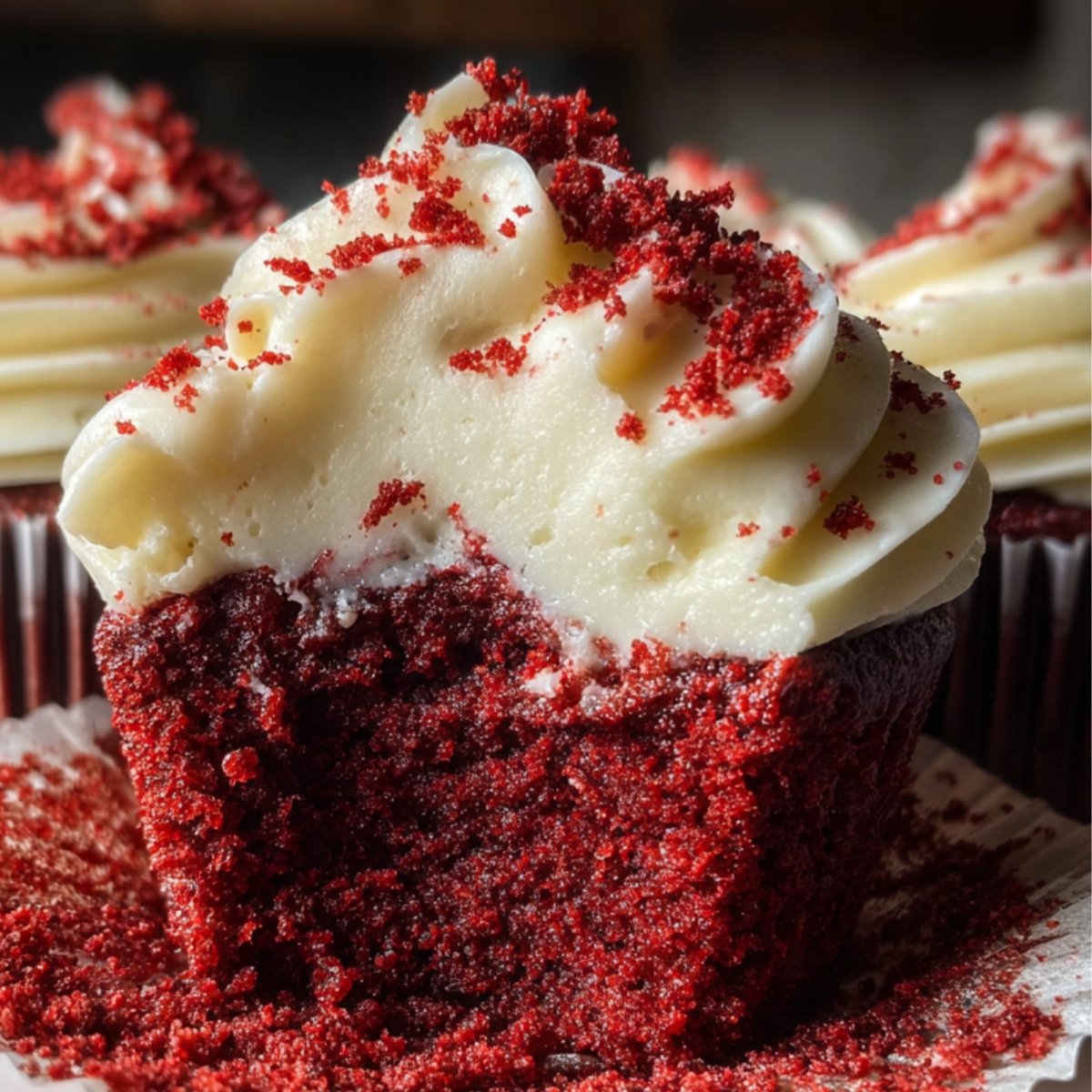 Easy Red Velvet Cupcakes Recipe 9 Red Velvet Cupcakes with cream cheese frosting and red crumbs on top.