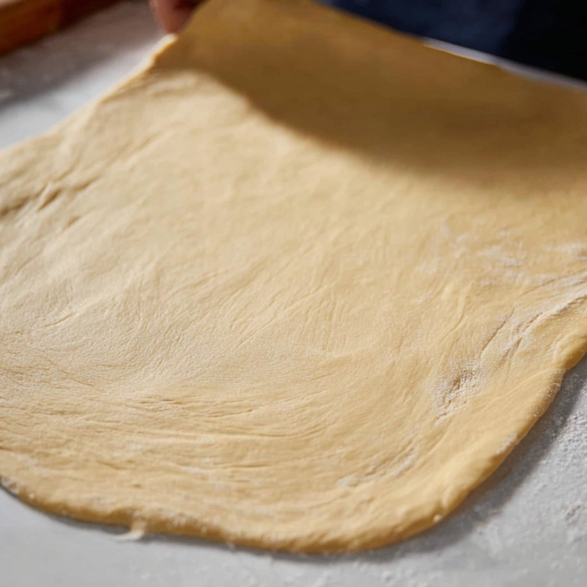 Best Soft Cinnamon Rolls With Cream Cheese Frosting Recipe 11 The image shows dough being rolled out on a floured surface, ready for filling.