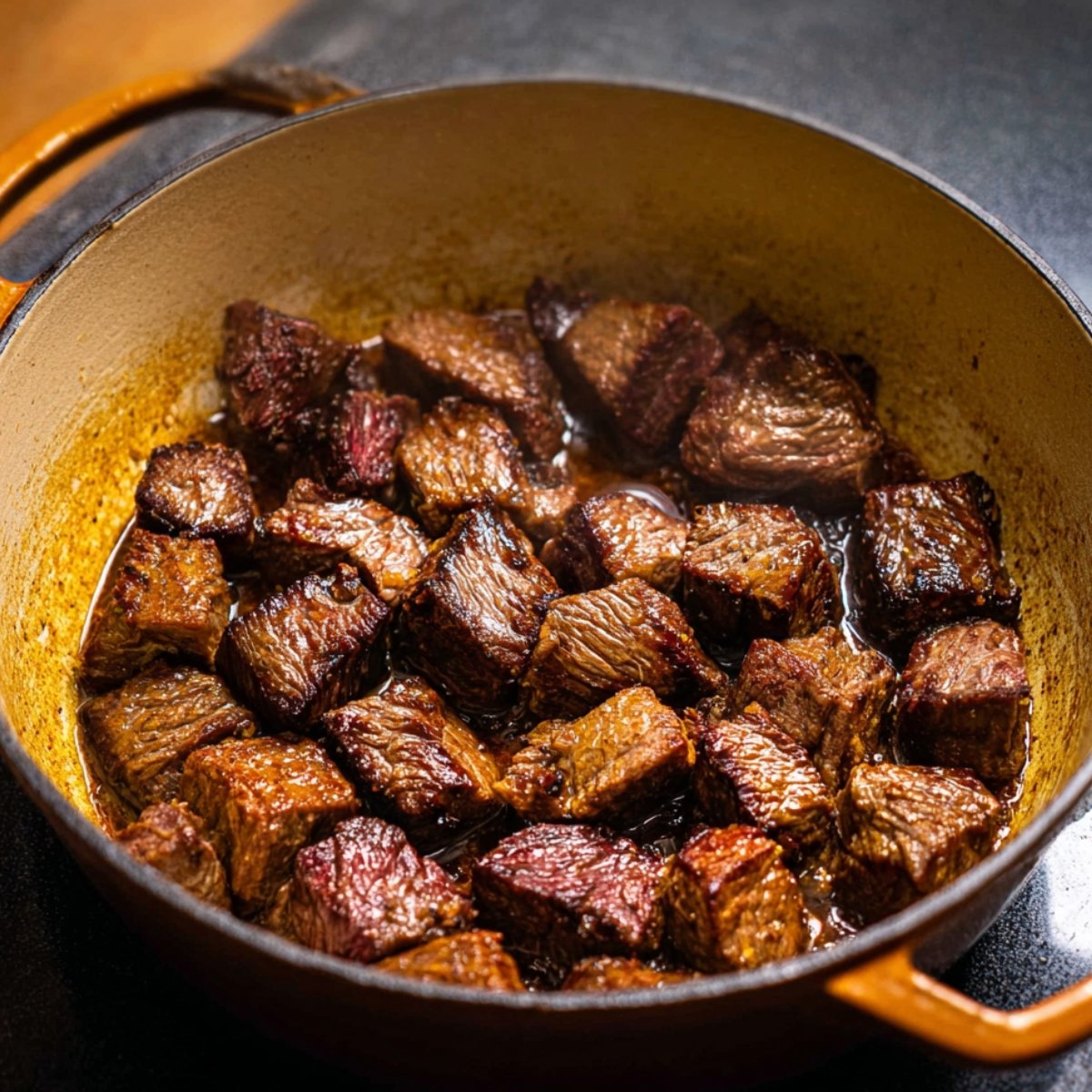 Easy Beef Bourguignon Recipe 10 Cubes of beef searing in a pot, with a golden-brown crust forming on the meat.