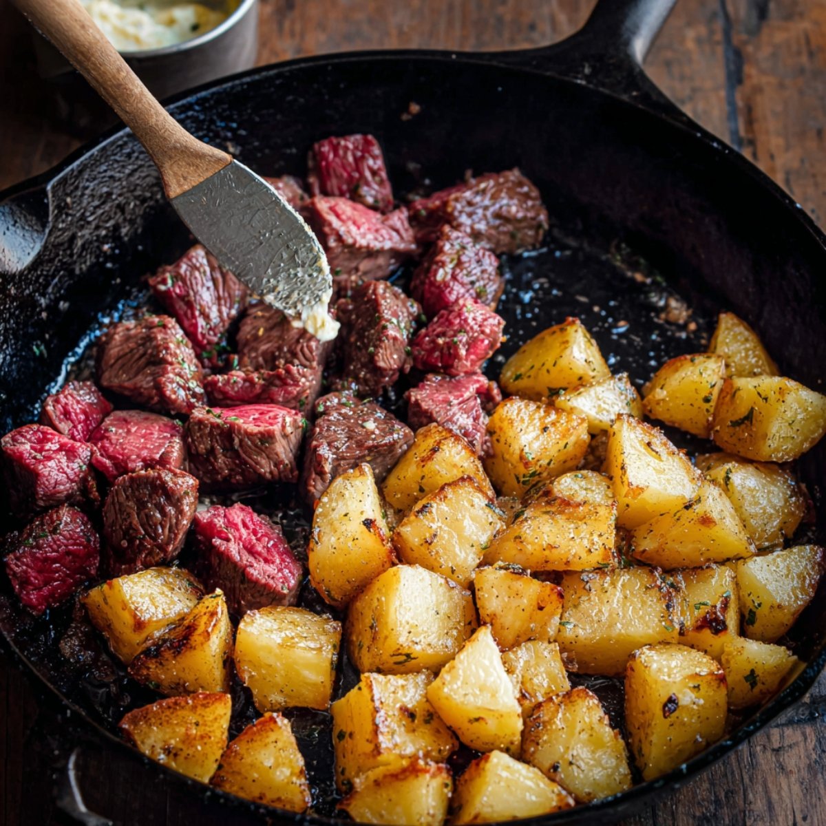 Easy Garlic Butter Steak Bites and Potatoes 11 Steak bites and roasted potatoes in a cast iron skillet, with butter being added to the steak.
