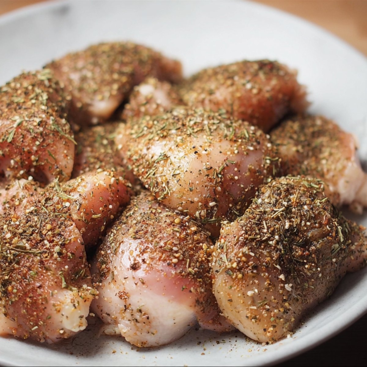 Best Creamy Chicken Pesto Pasta 10 The image shows chicken thighs seasoned with herbs and spices.