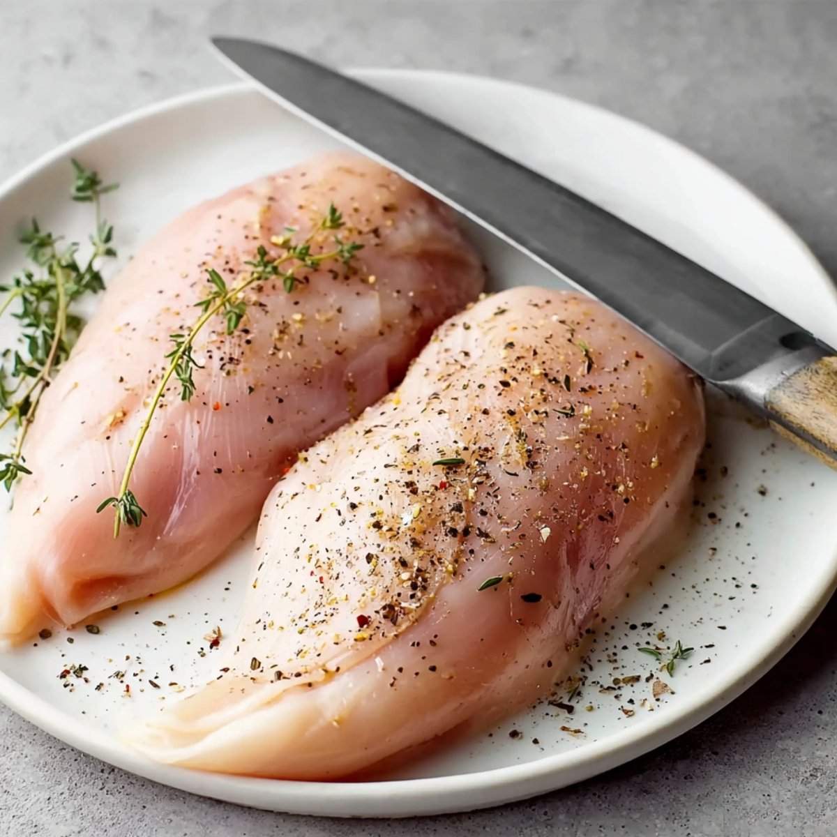 Easy Cranberry Brie Stuffed Chicken Breasts 10 Seasoned raw chicken breasts with thyme and pepper on a plate.