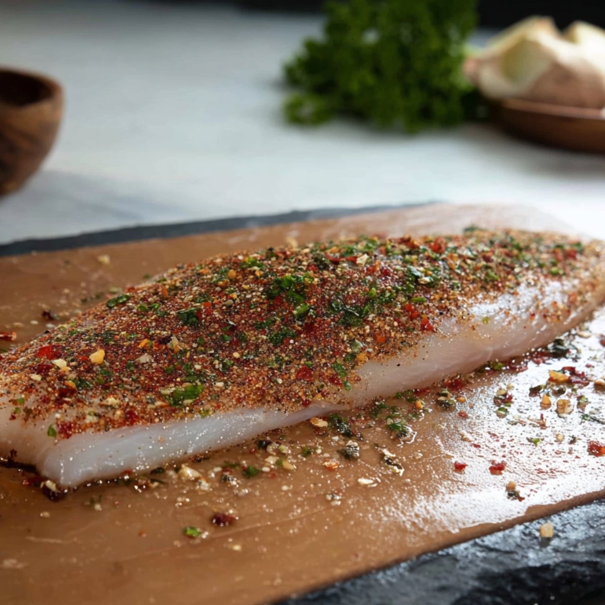 Easy Baked Fish with Cherry Tomatoes and Olives Recipe 10 A seasoned fish fillet with a variety of spices and herbs sprinkled on top, ready for cooking.