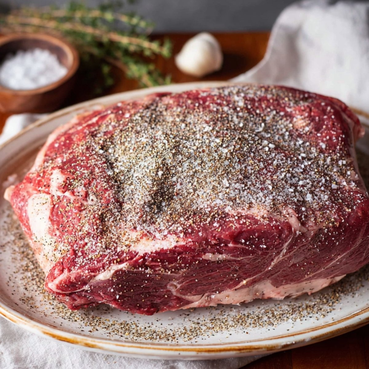 Easy Viral Chuck Roast Recipe 10 A raw roast seasoned with salt and pepper, ready for cooking.