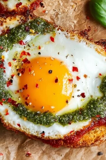Easy Shakshouka Toast with Feta Fried Eggs Recipe 16 A close-up of Shakshouka Toast with Feta Fried Eggs, topped with pesto, chili flakes, and black pepper.