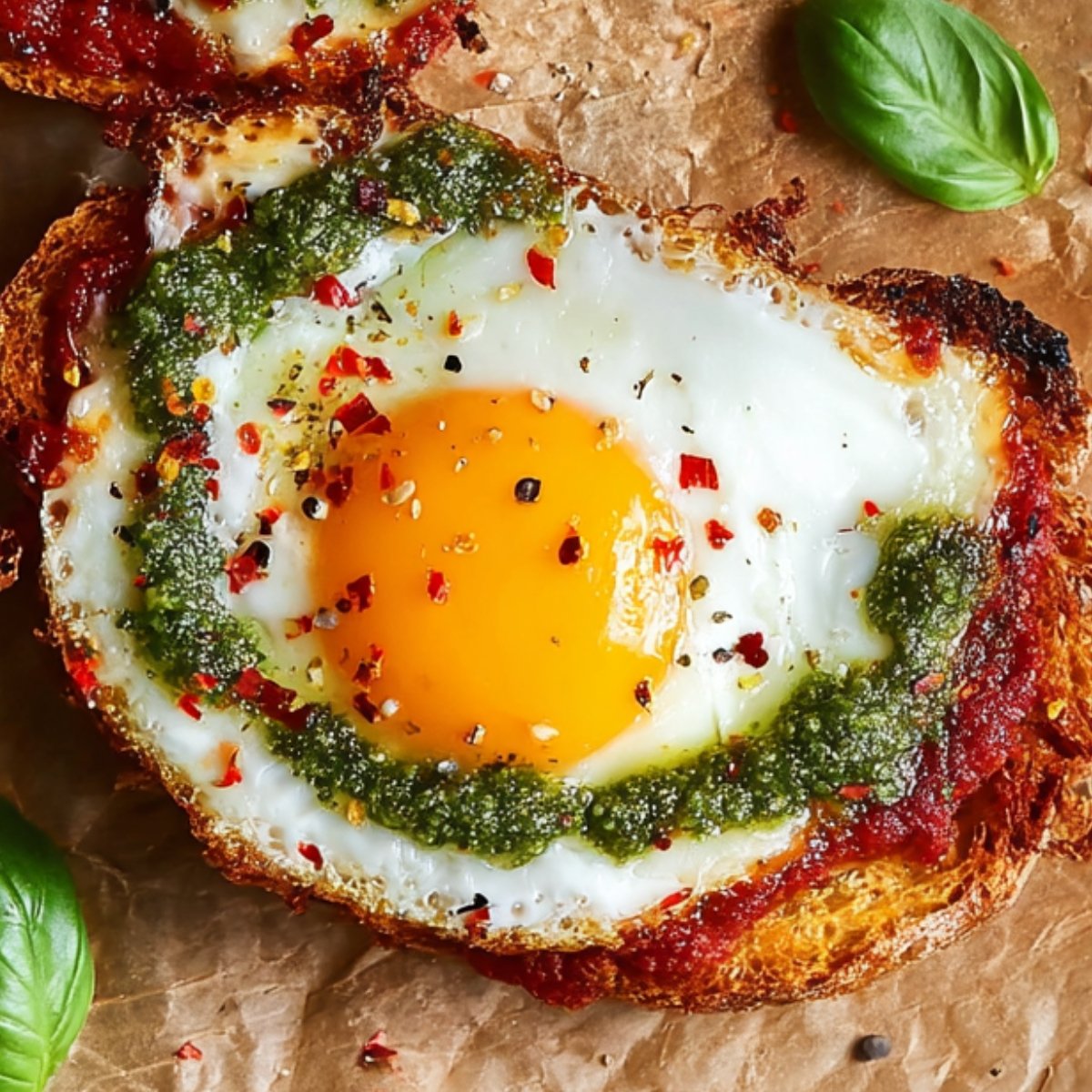 Alt text: A close-up of Shakshouka Toast with Feta Fried Eggs, topped with pesto, chili flakes, and black pepper.