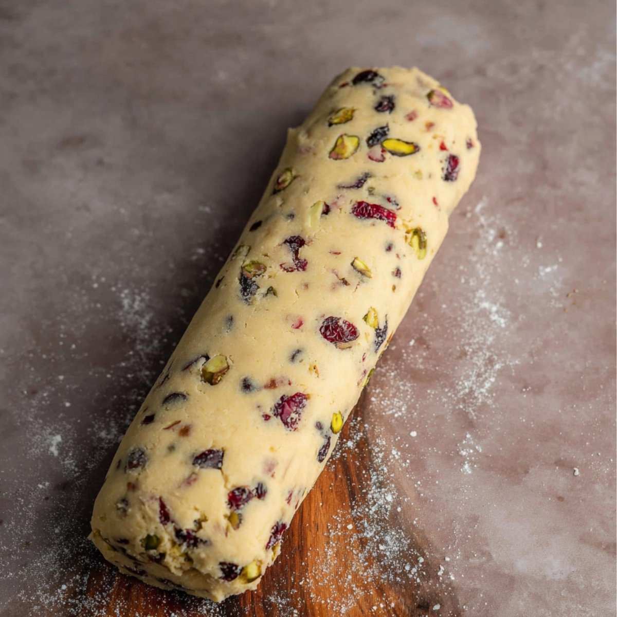 Easy Cranberry Pistachio Shortbread Cookies Recipe 11 Alt text: A rolled log of cookie dough studded with pistachios and cranberries, dusted with flour on a wooden surface.