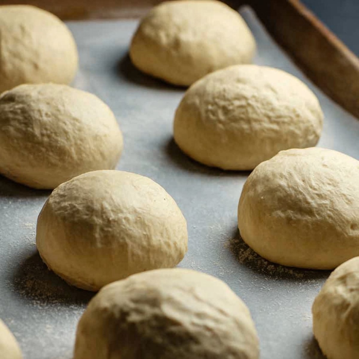 Easy Turkish Simit Recipe 11 Shaped simit dough balls resting on a baking sheet, ready for baking.