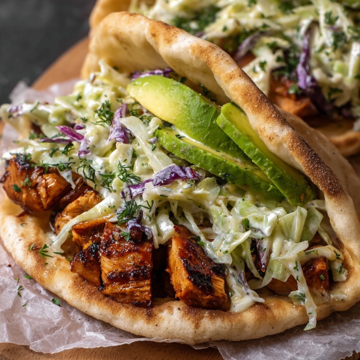 Easy Sheet Pan Chicken Pitas Recipe 9 Grilled Sheet Pan Chicken Pitas and coleslaw in pita bread, topped with fresh avocado slices.