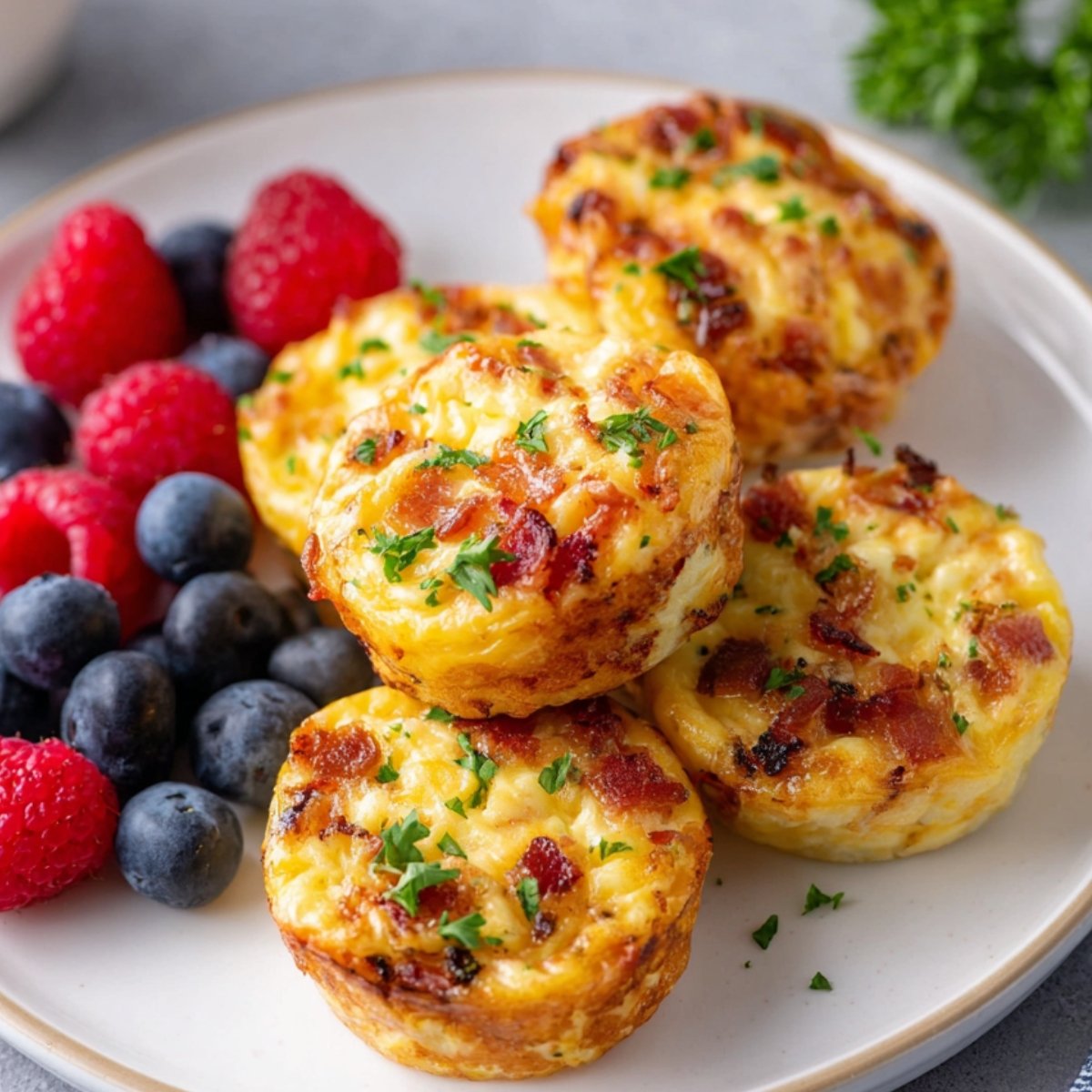 Easy Better Than Starbucks Egg Bites 9 Egg bites with bacon and parsley, served with fresh raspberries and blueberries on a plate.