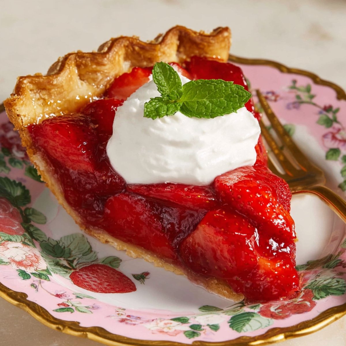 Slice of Strawberry Pie topped with whipped cream and mint on a floral plate.