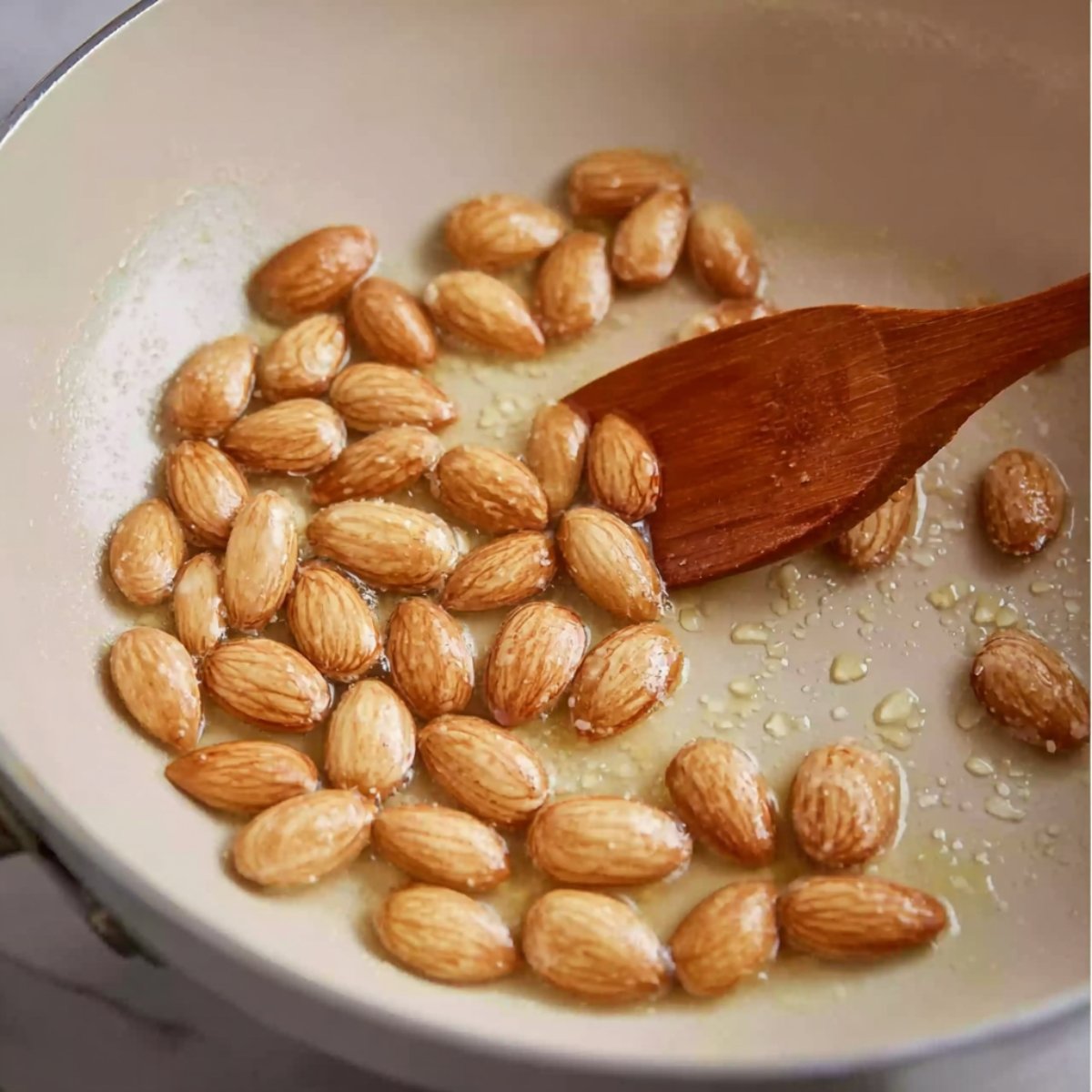 Easy Kabuli Pulao Recipe 10 Almonds being toasted in a pan with a wooden spoon, lightly browned in oil.