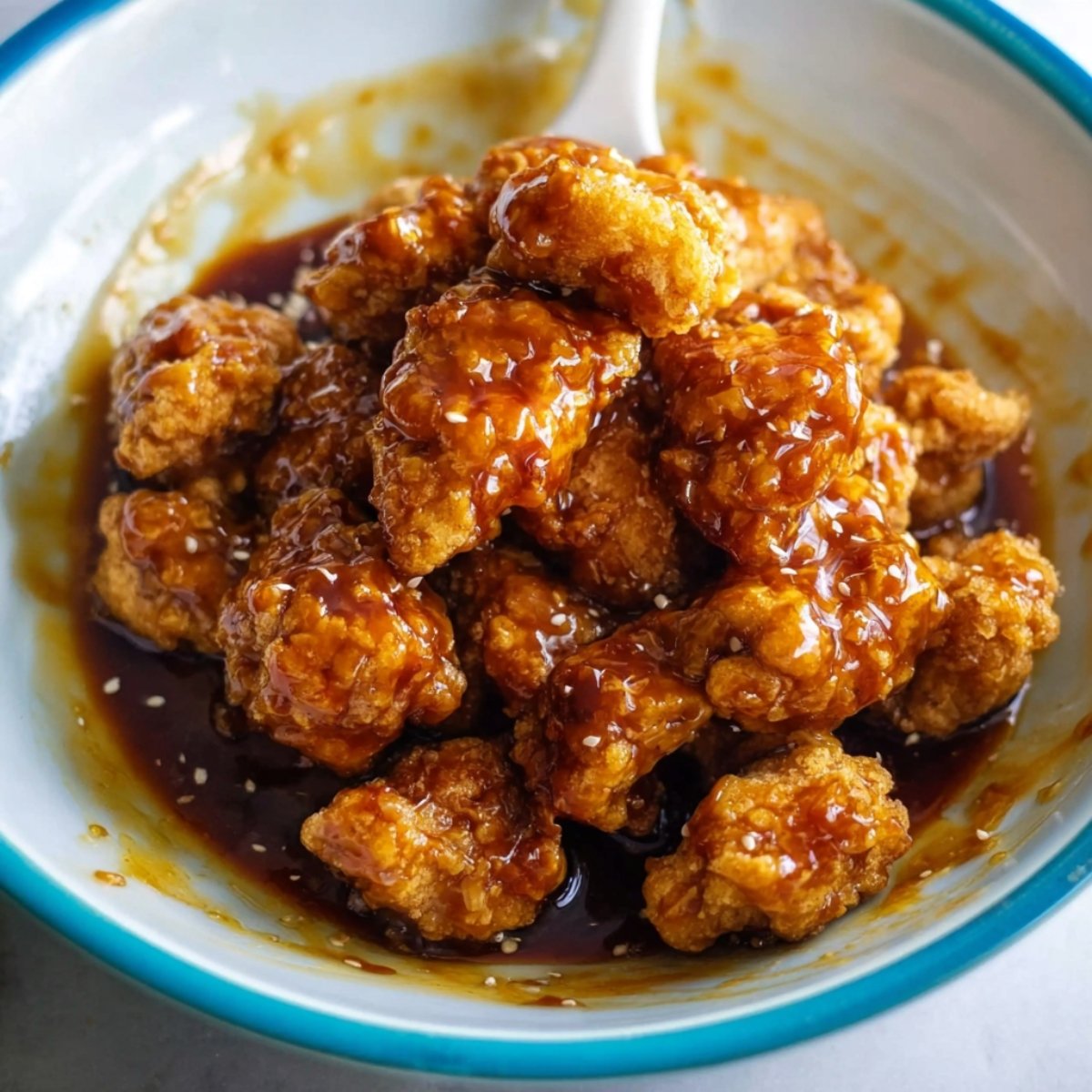 Easy Orange Chicken Recipe 11 Crispy chicken pieces coated in a glossy orange sauce, ready to be served.