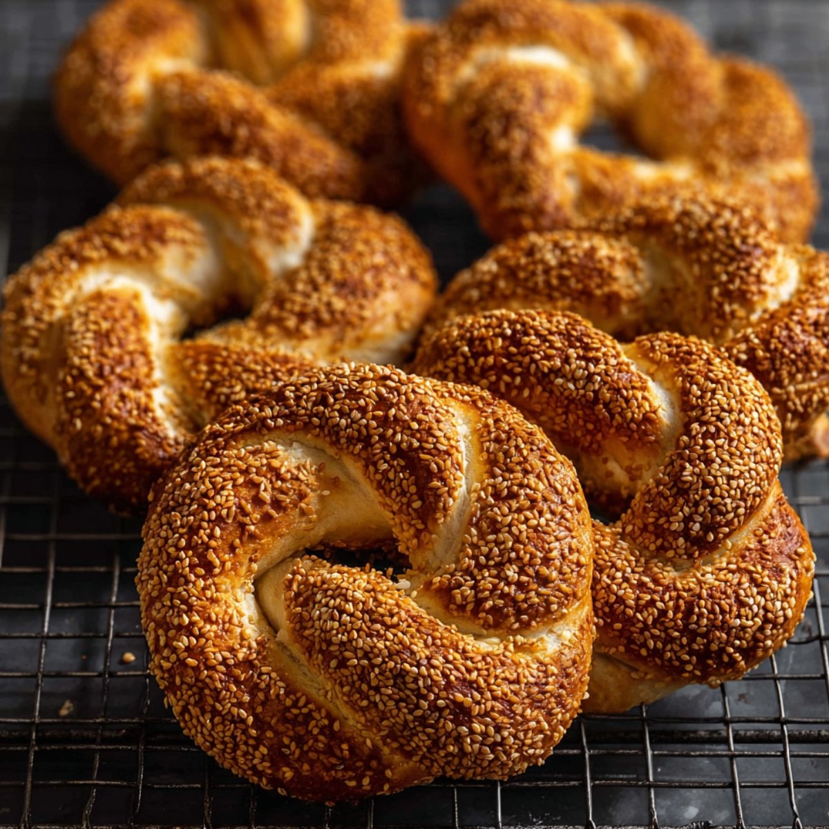 Freshly baked Turkish simit, covered in sesame seeds, cooling on a wire rack.