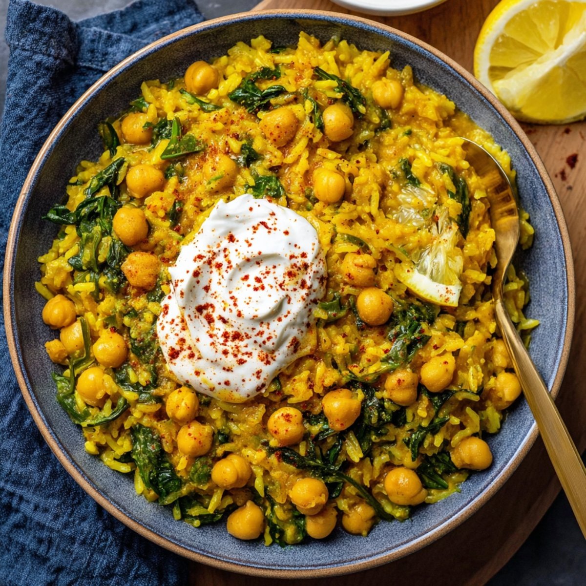 A bowl of Turmeric Rice with Chickpeas , spinach, and a dollop of yogurt, topped with paprika and a lemon wedge.
