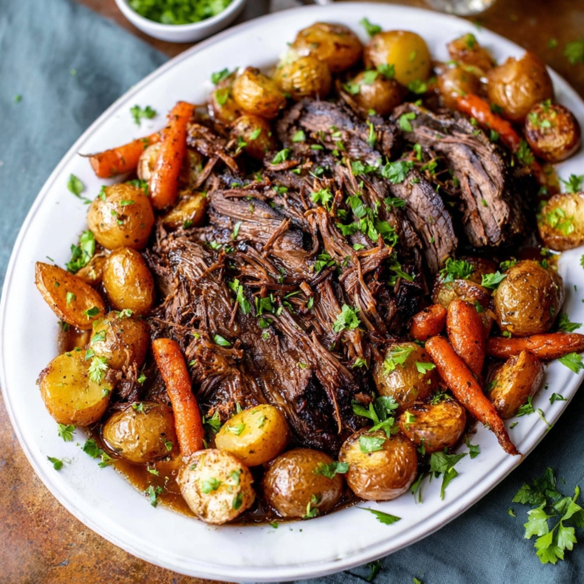 Easy Viral Chuck Roast Recipe 9 A platter of tender, shredded Viral Chuck Roast with roasted potatoes, carrots, and fresh parsley.