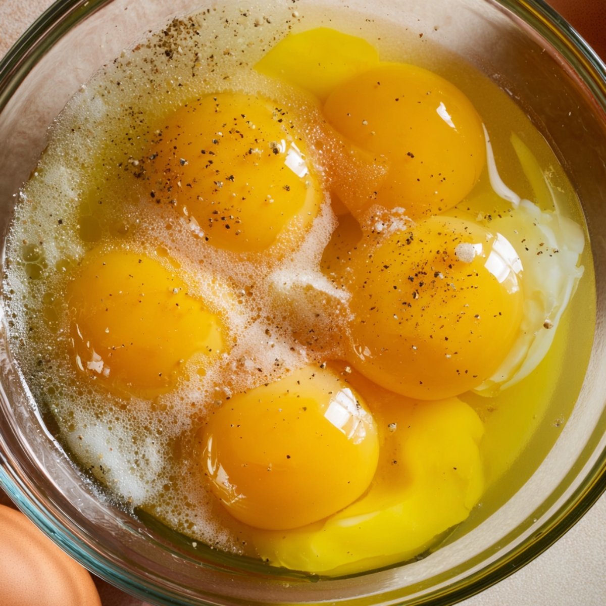 Easy Korean Rolled Omelette 10 A bowl of cracked eggs with seasoning and butter.