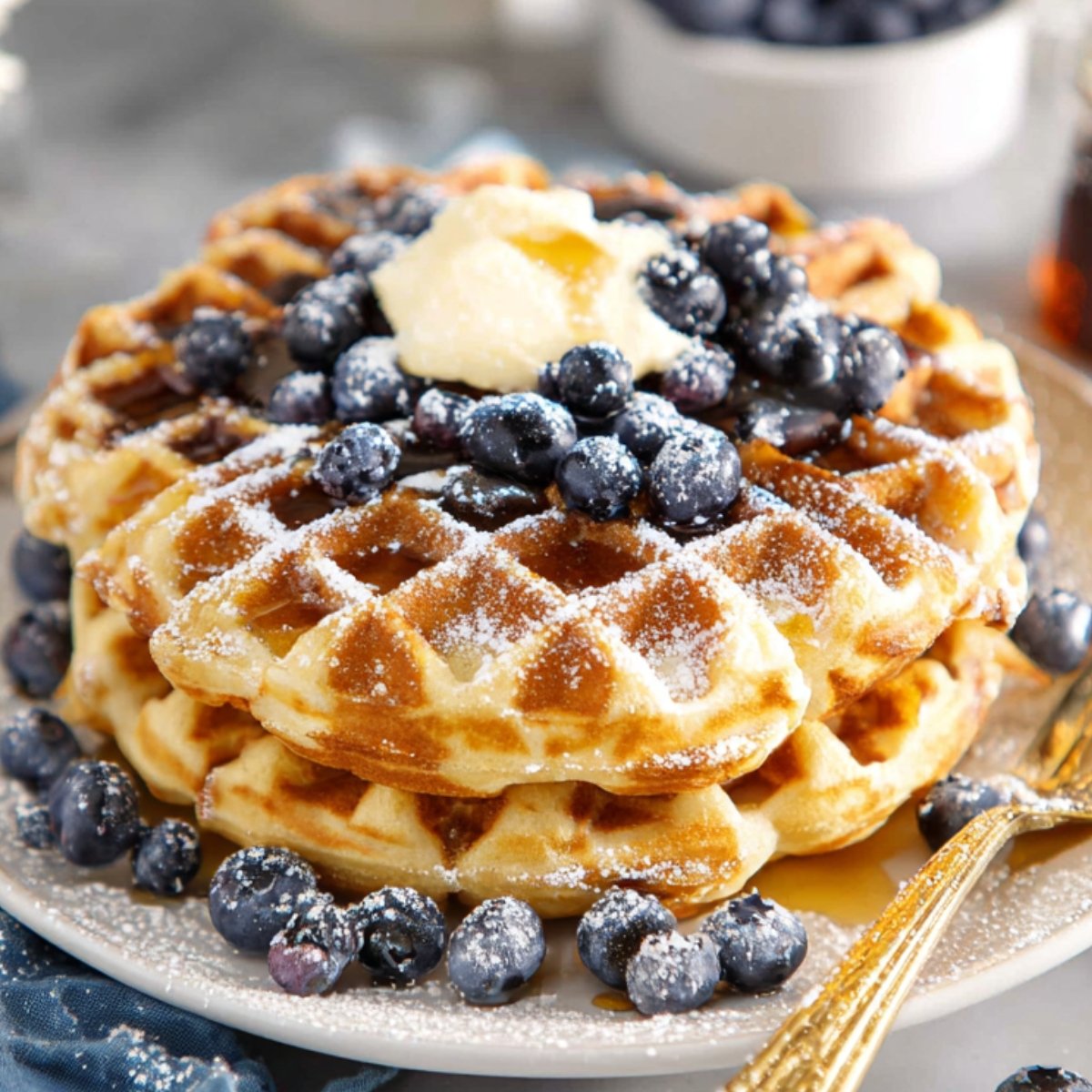 A stack of banana Blueberry waffles topped with blueberries, powdered sugar, and a pat of butter.