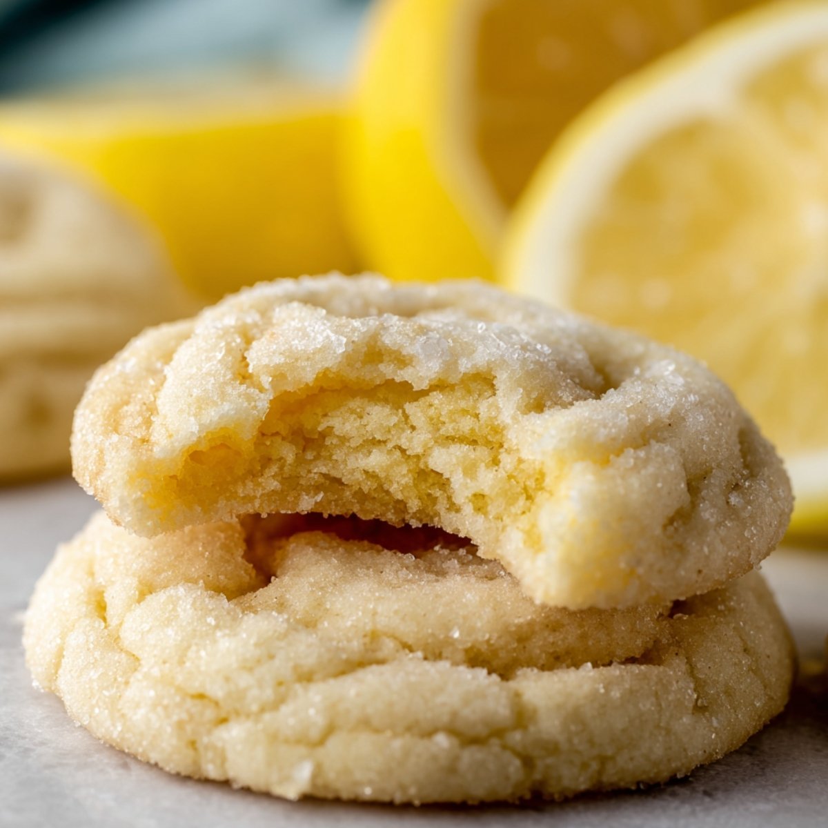 Close-up of chewy lemon sugar cookies with a bite taken out, surrounded by lemon slices.