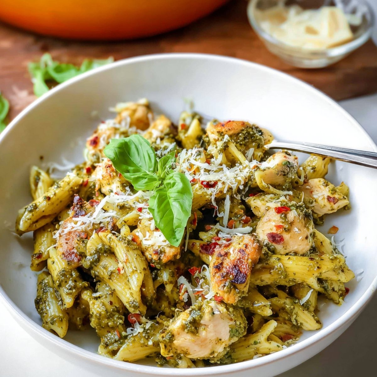 Best Creamy Chicken Pesto Pasta 9 The image shows a bowl of chicken pesto pasta, topped with basil, grated cheese, and red pepper flakes.