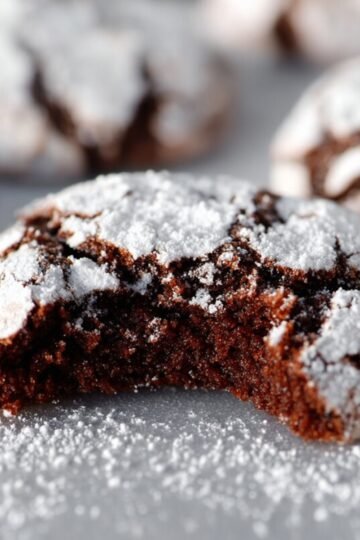 Best Chocolate Crinkle Cookies 12 Close-up of a chocolate crinkle cookies with powdered sugar, bitten.