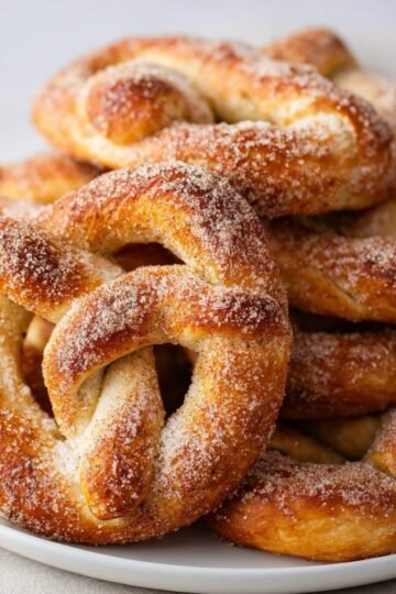 Easy Cinnamon Sugar Soft Pretzels Recipe from Scratch 5 cinnamon sugar soft pretzels stacked on a plate.