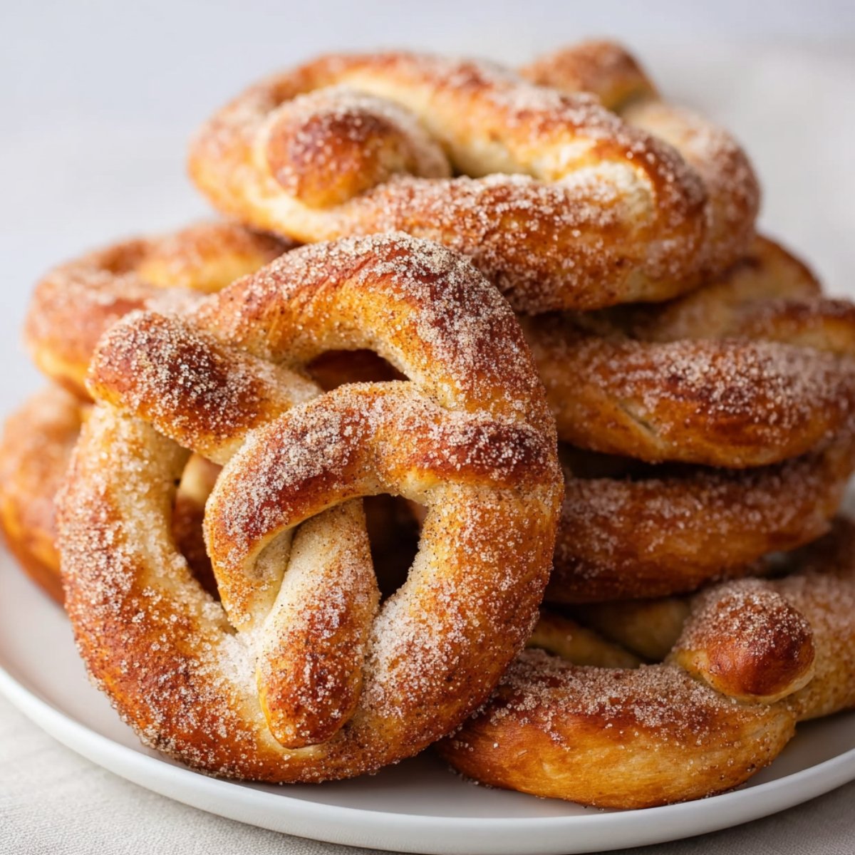 cinnamon sugar soft pretzels stacked on a plate.