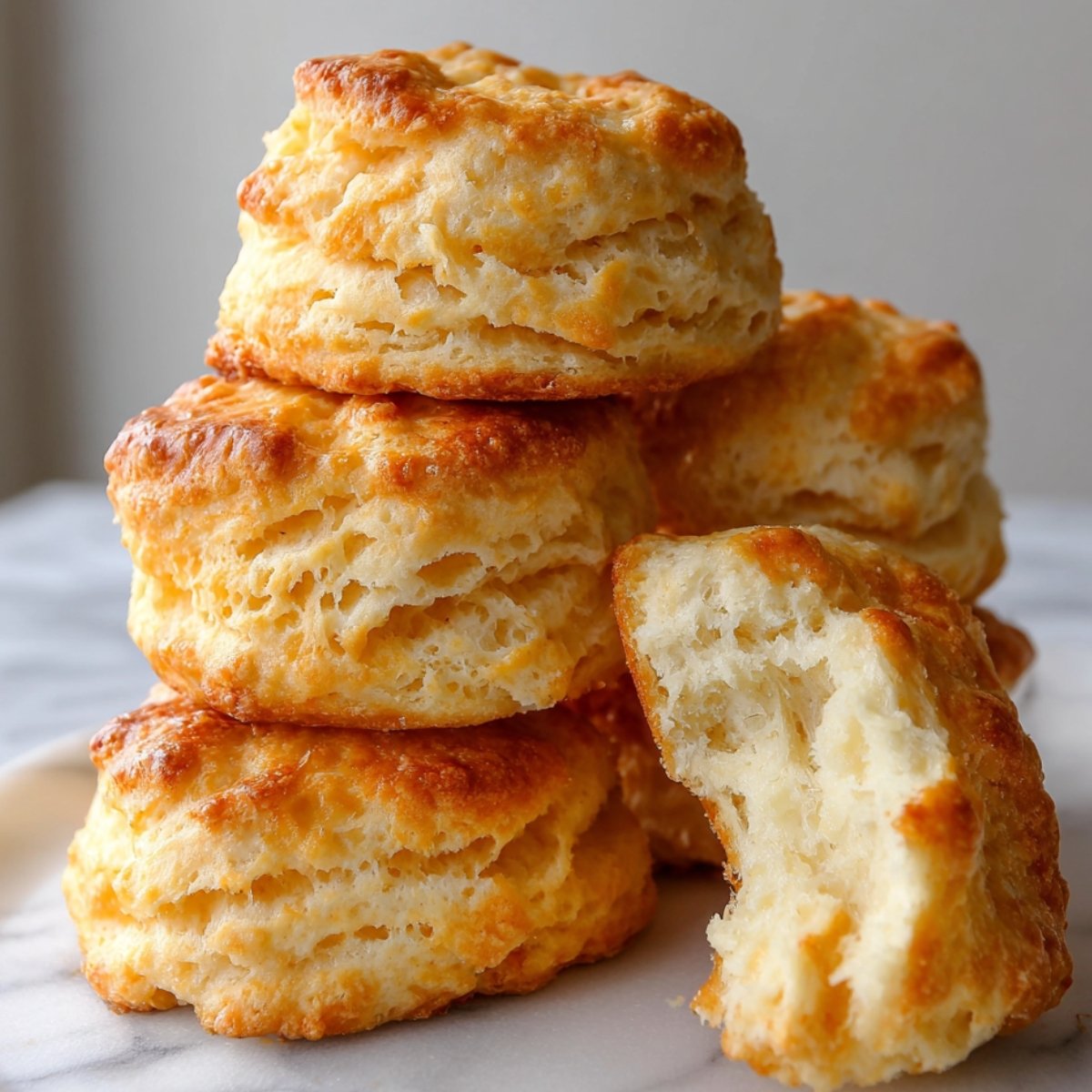Easy Homemade Biscuits Recipe 9 A stack of freshly baked, golden, flaky homemade biscuit with one biscuit broken open.
