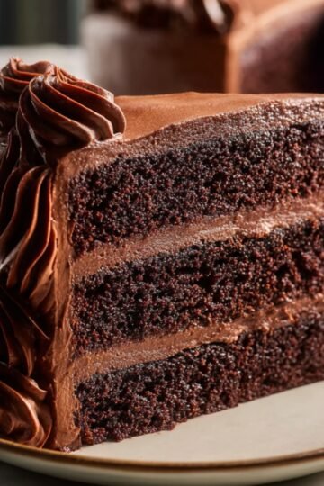 Easy Moist Chocolate Cake with Chocolate Fudge Frosting 16 A slice of moist chocolate cake with layers of rich chocolate frosting.