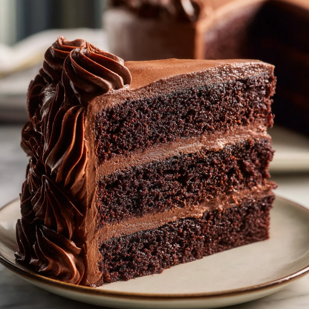 A slice of moist chocolate cake with layers of rich chocolate frosting.