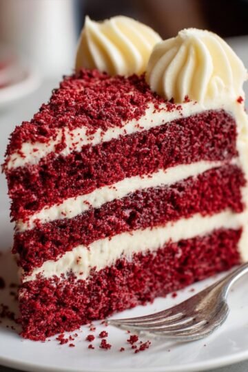 Best Red Velvet Cake Recipe 2 The image shows a slice of red velvet cake with cream cheese frosting, showcasing layers of moist cake and frosting.