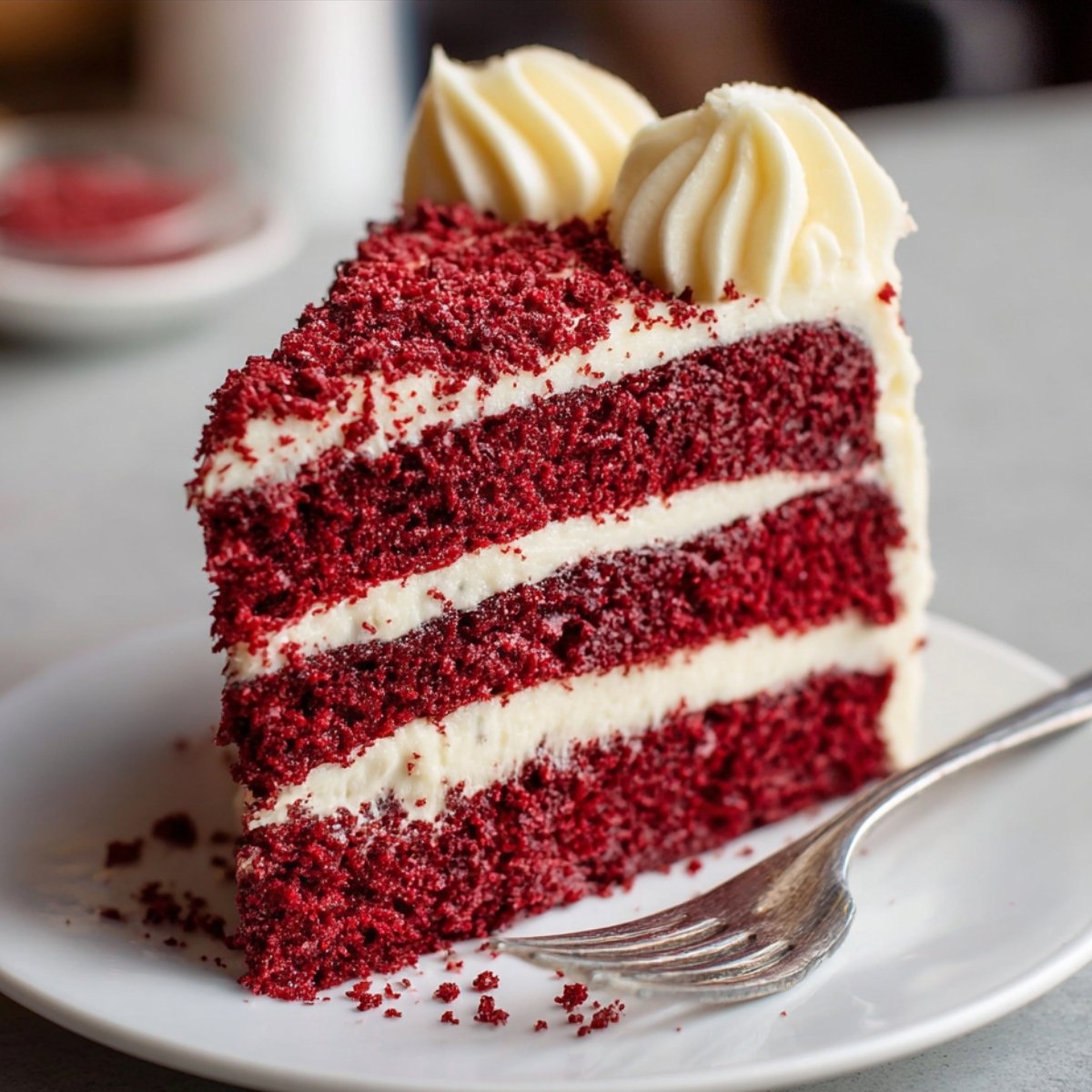 The image shows a slice of red velvet cake with cream cheese frosting, showcasing layers of moist cake and frosting.