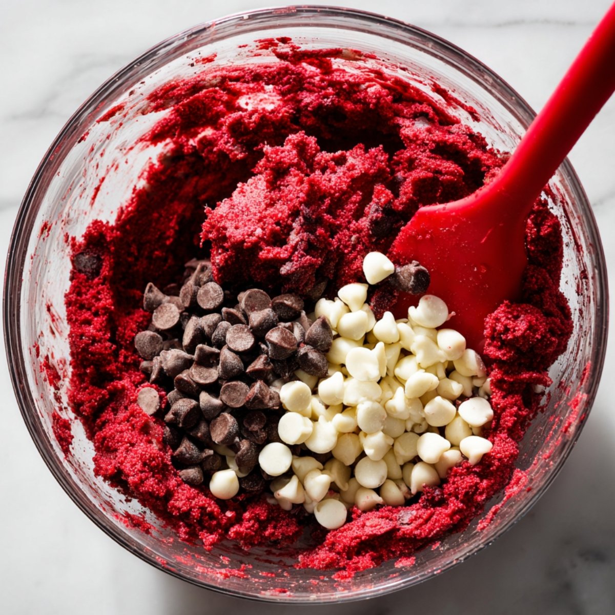 Easy Chewy Red Velvet Chocolate Chip Cookies From Scratch 11 Red velvet cookie dough with white and dark chocolate chips in a bowl.