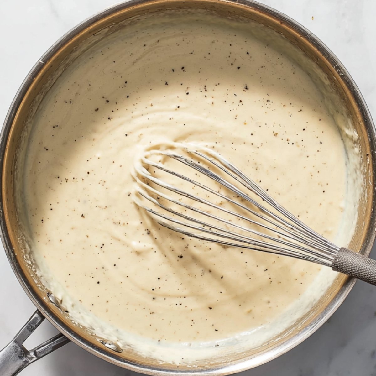 Easy Chicken Alfredo Pasta Recipe 11 Creamy sauce being whisked in a saucepan.