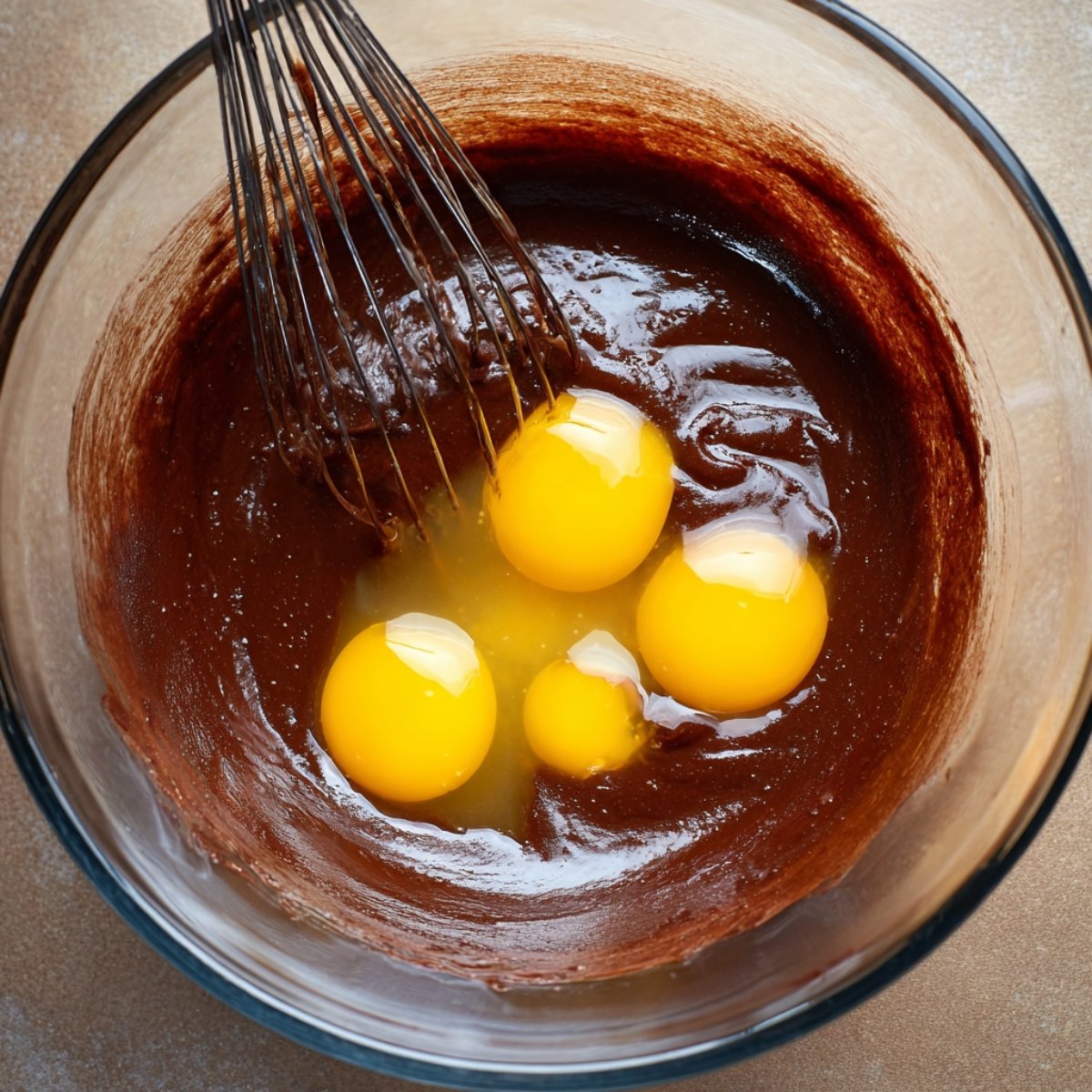 Easy Brownie Muffins Recipe 11 Adding eggs to chocolate batter in a bowl