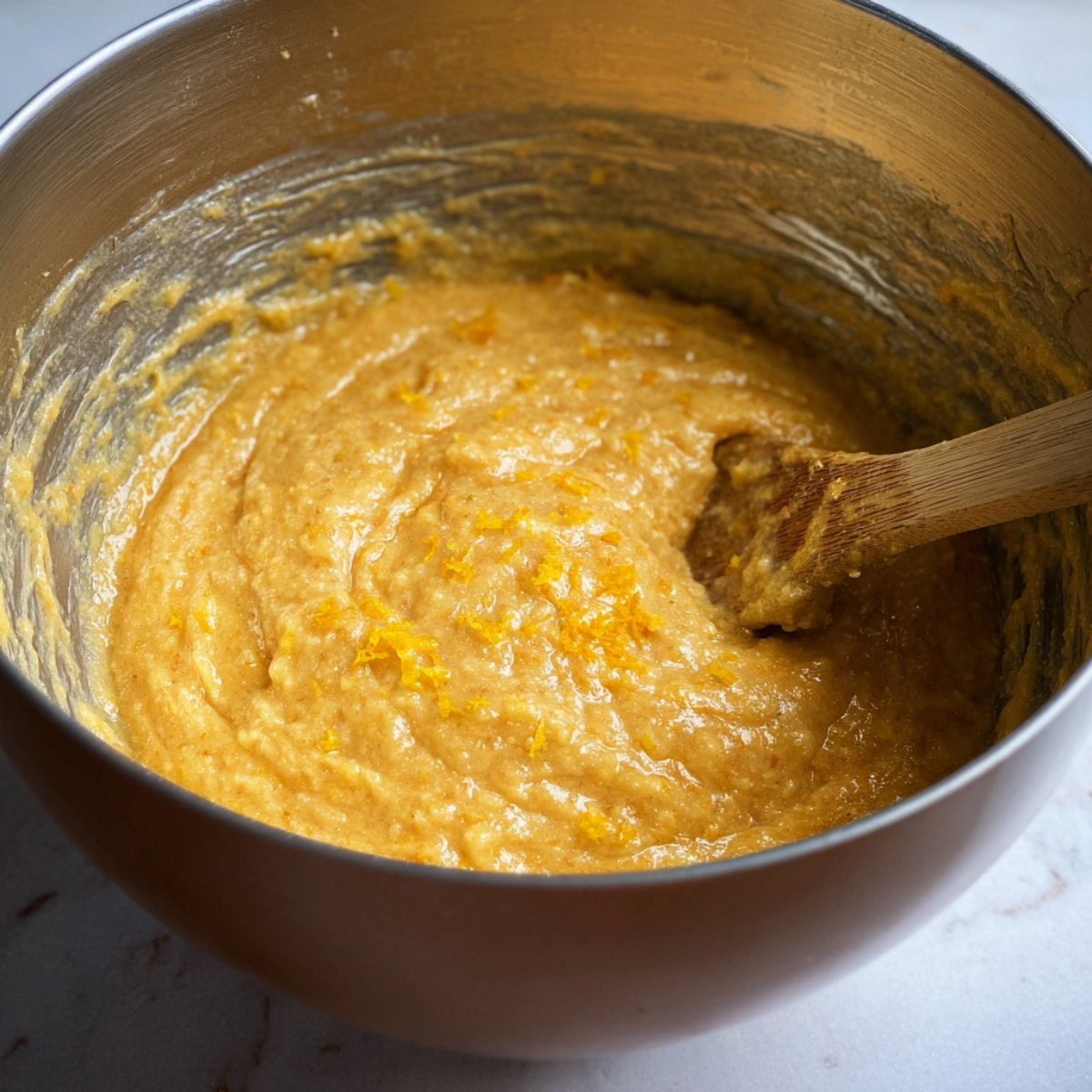 Easy Portokalopita Recipe 11 Orange zest stirred into a bowl of batter.