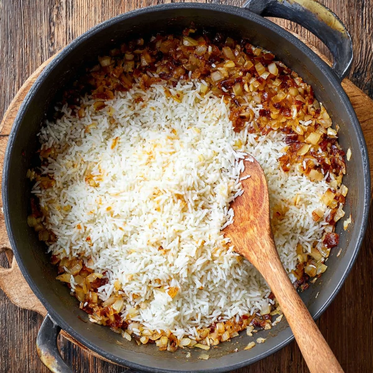 Easy Paprika Chicken and Rice Bake Recipe 11 Rice cooking with caramelized onions in a pan.