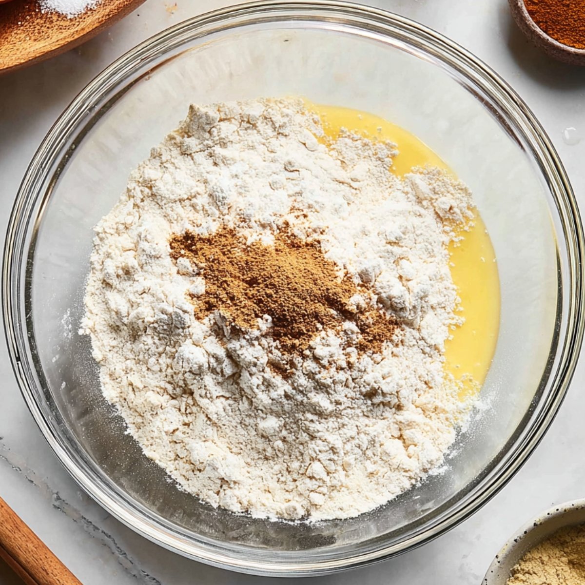 Easy Oat Flour Pancakes 11 Mixing dry ingredients and spices with flour in a bowl.