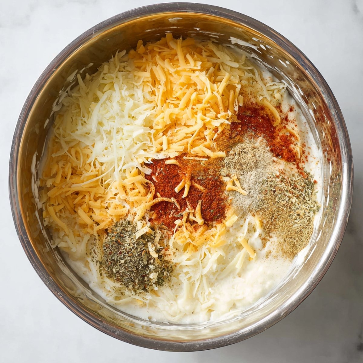 Easy Salty Steakhouse Style Baked Potato Recipe 10 Bowl of cheese and spices for potato mix-ins.