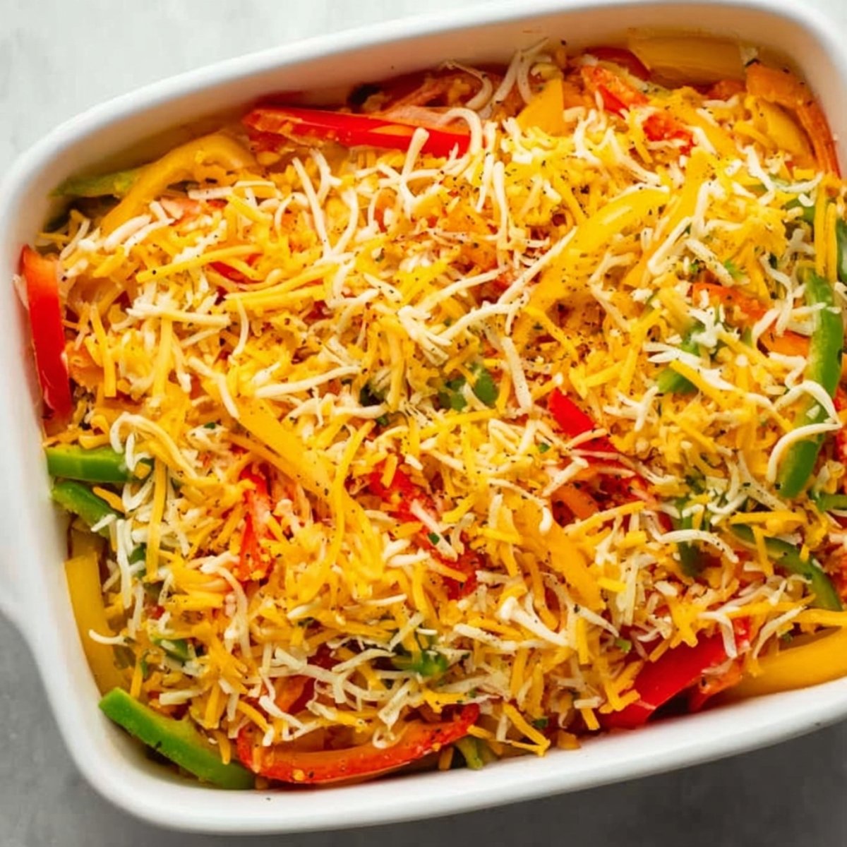 Easy Chicken Fajita Casserole Recipe 11 Casserole with sliced bell peppers and shredded cheese.