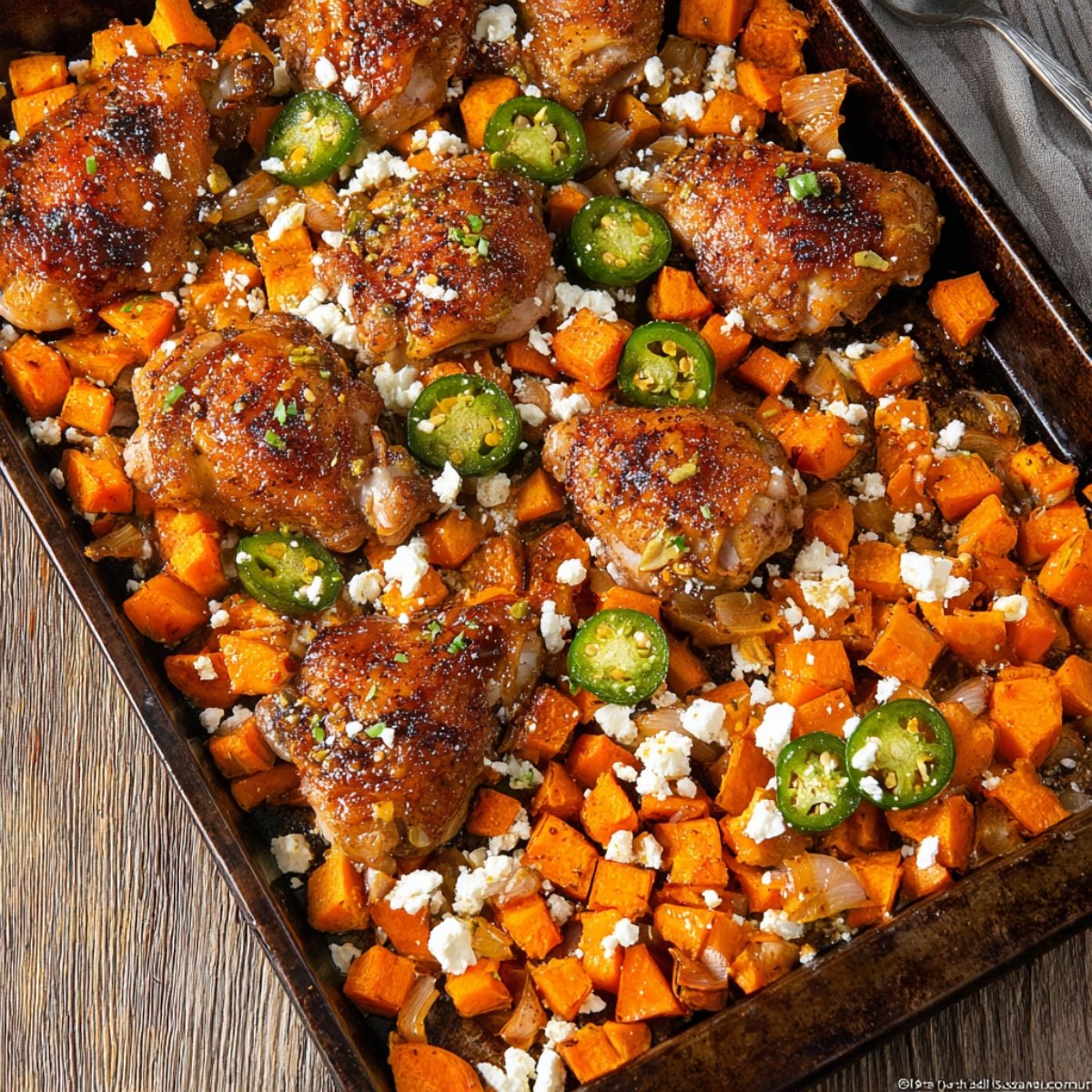Easy Hot Honey Chicken and Sweet Potatoes 11 Raw chicken thighs and cubed sweet potatoes on a sheet pan, seasoned and ready to bake.
