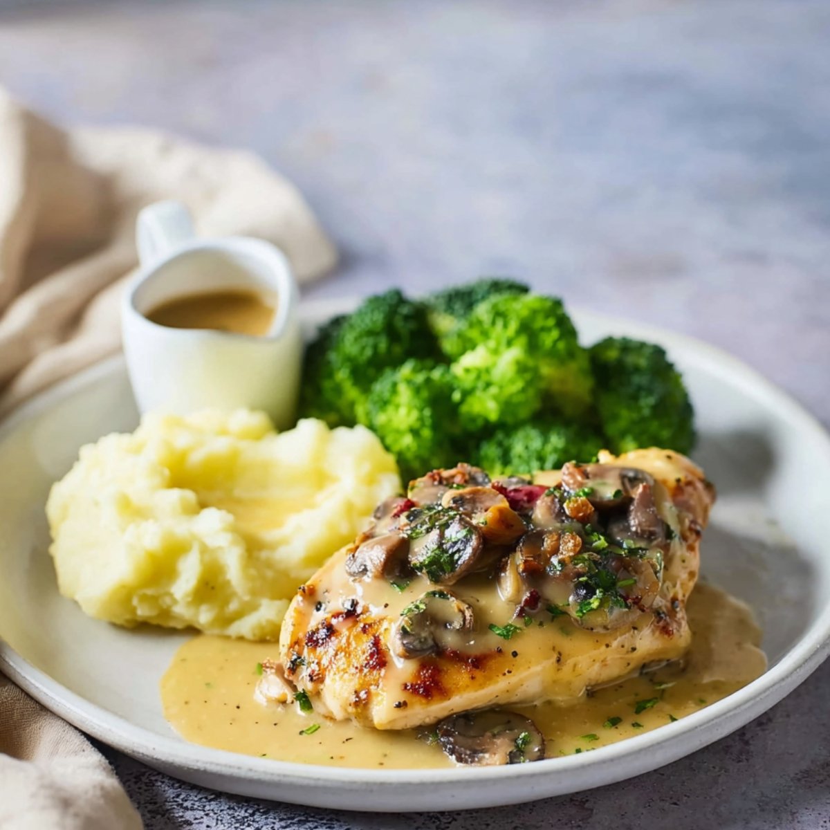 Alice Springs Chicken breast with mushroom sauce, mashed potatoes, and broccoli on a plate.