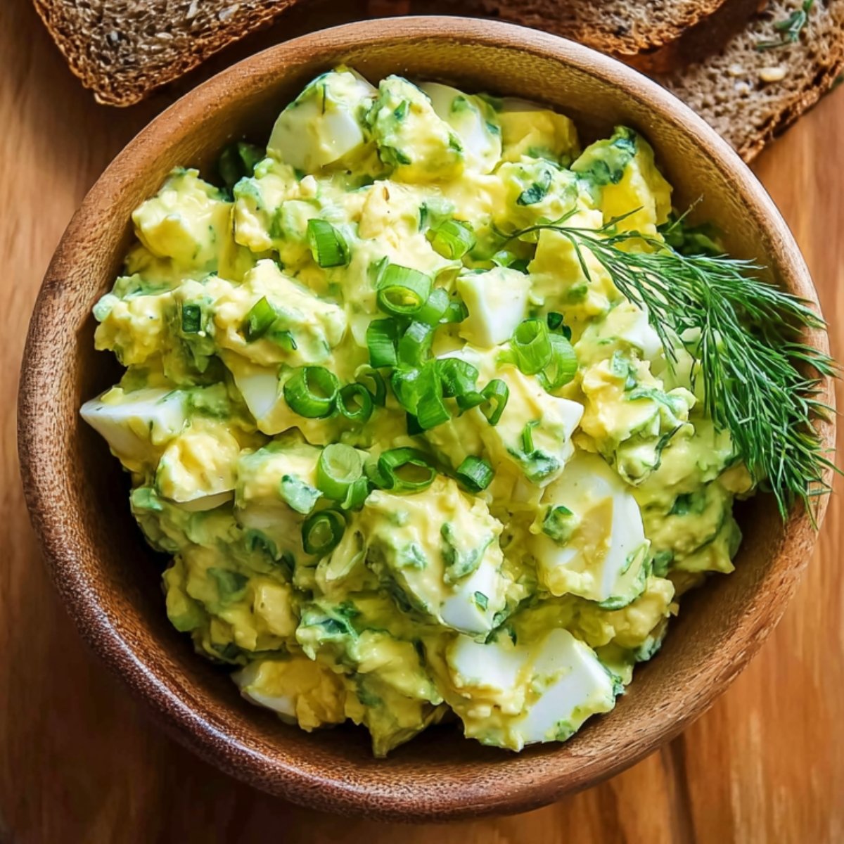 Bowl of avocado egg salad garnished with green onions and dill