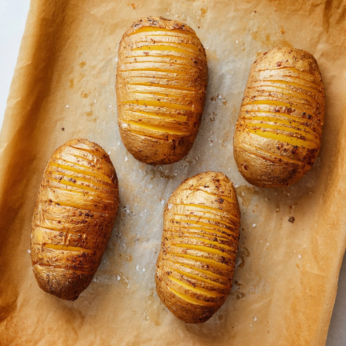 Easy Hasselback Potatoes Recipe 11 Hasselback potatoes on a baking sheet before roasting.