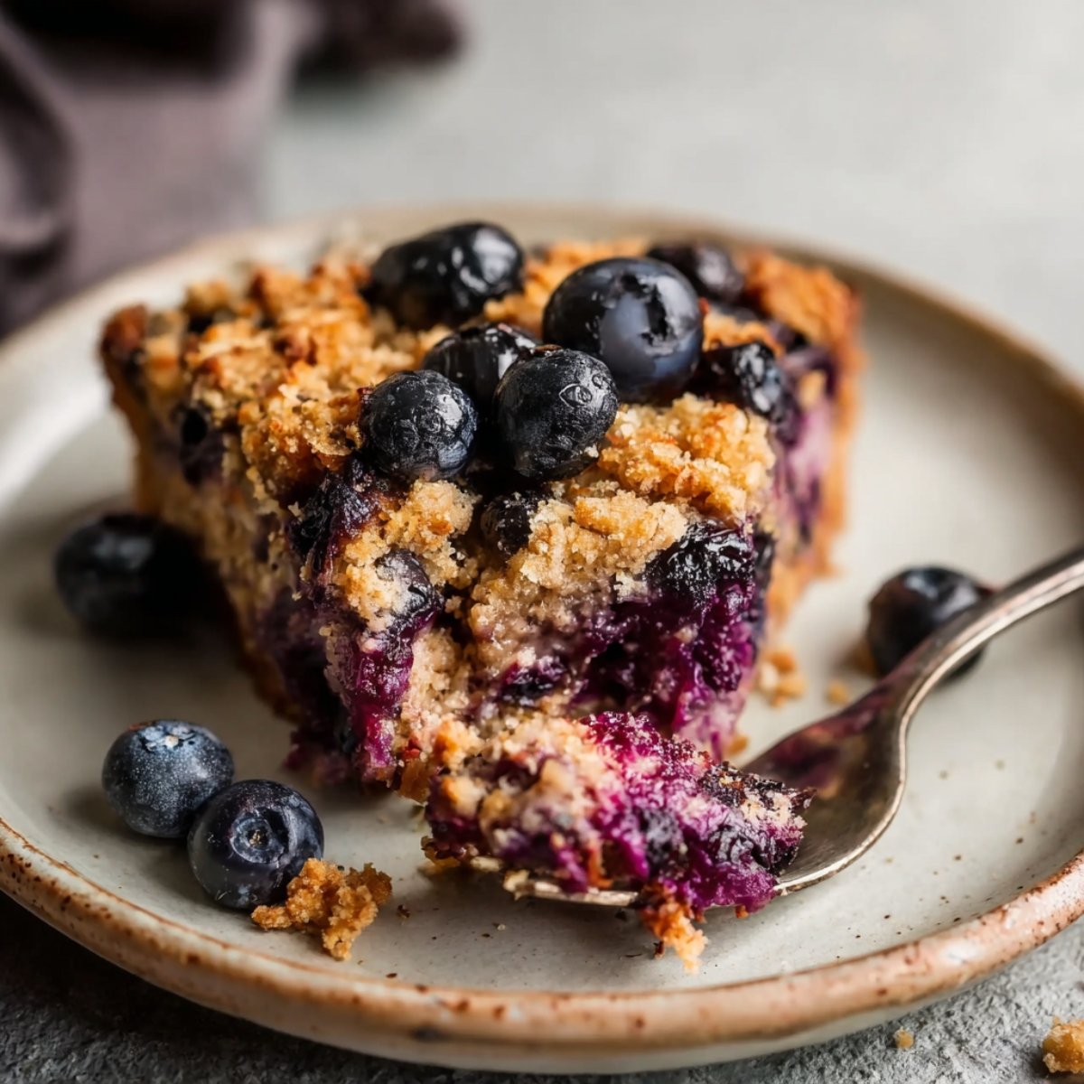 A slice of Blueberry Baked Oatmeal on a plate with fresh blueberries on top.