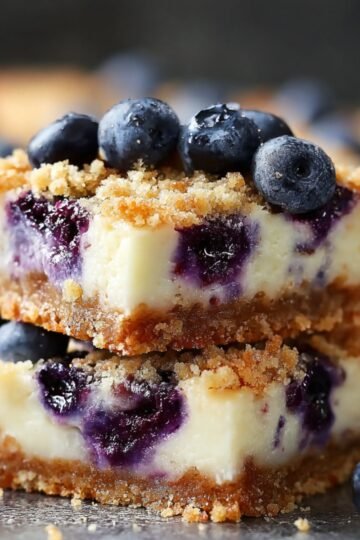 Easy Blueberry Cheesecake Crumble Bars 16 Close-up of stacked Blueberry Cheesecake Crumble Bars.