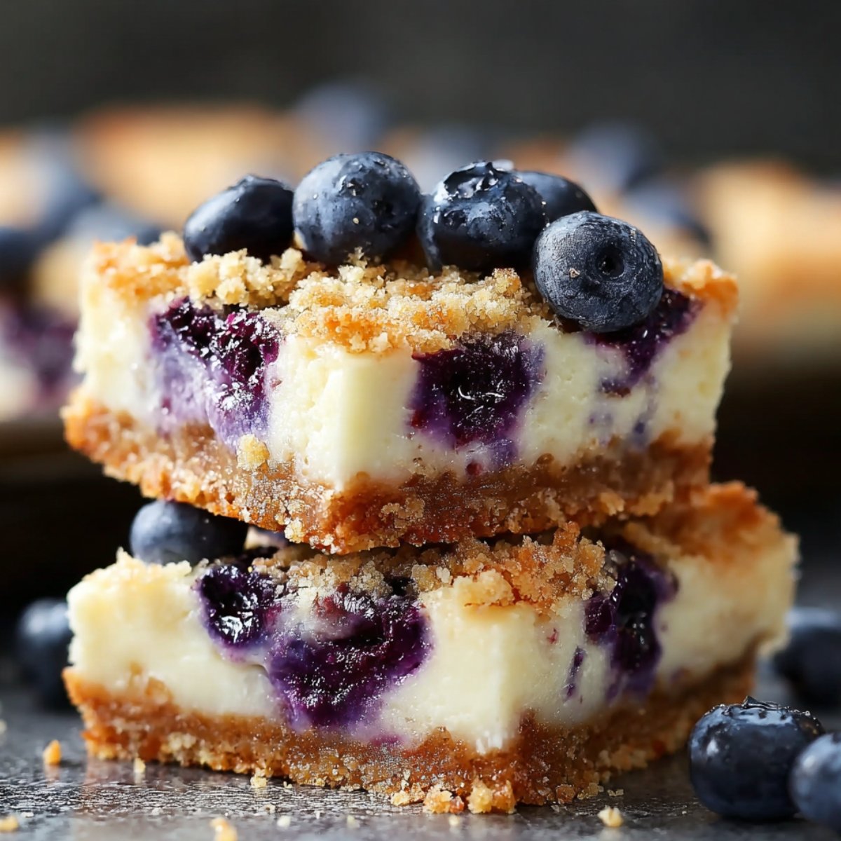 Close-up of stacked Blueberry Cheesecake Crumble Bars.