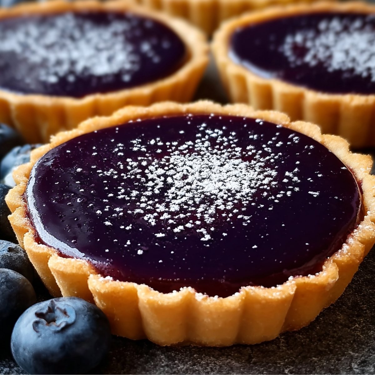 Easy Blueberry Ganache Tart Recipe 9 Blueberry Ganache Tart with powdered sugar and fresh blueberries.