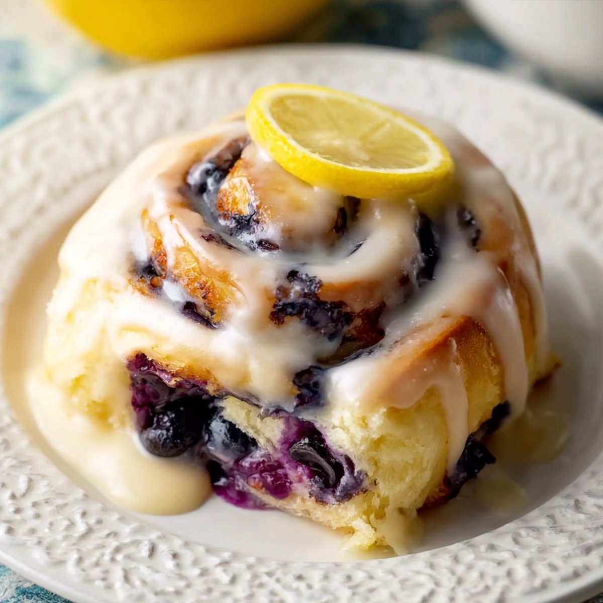 Blueberry Lemon Sweet Rolls with glaze and lemon slice